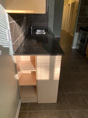 Edmonton house for rent - a kitchen with a black counter top and a sink
