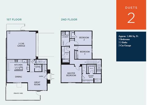Floor plan for 3 beds, 2.5 baths, 1486 sqft