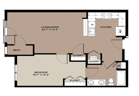 Floor plan for 1 bed, 1 bath, 731 sqft