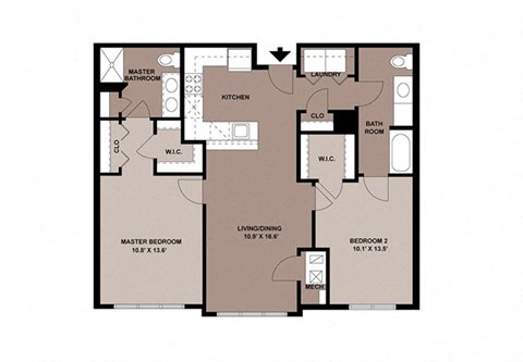 Floor plan for 2 beds, 2 baths, 1078 sqft