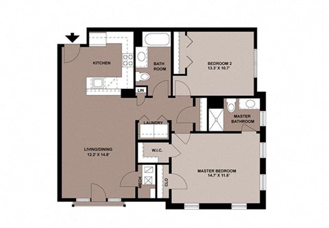 Floor plan for 2 beds, 2 baths, 1085 sqft
