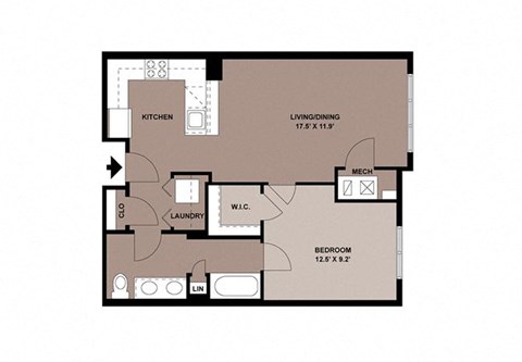 Floor plan for 1 bed, 1 bath, 757 sqft