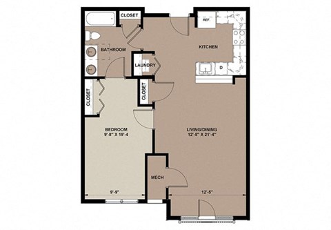 Floor plan for 1 bed, 1 bath, 801 sqft