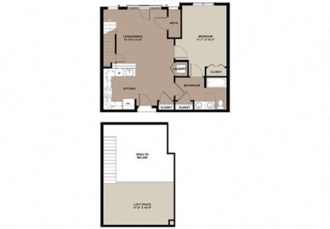 Floor plan for 1 bed, 1 bath, 935 sqft