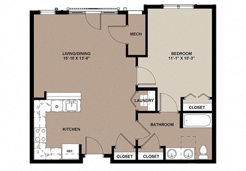 Floor plan for 1 bed, 1 bath, 750 sqft