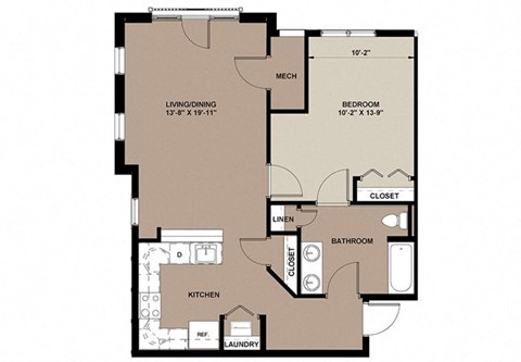 Floor plan for 1 bed, 1 bath, 800 sqft