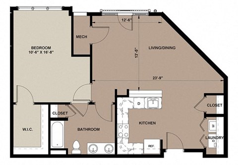 Floor plan for 1 bed, 1 bath, 876 sqft