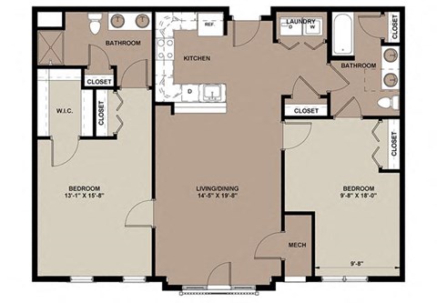 Floor plan for 2 beds, 2 baths, 1226 sqft