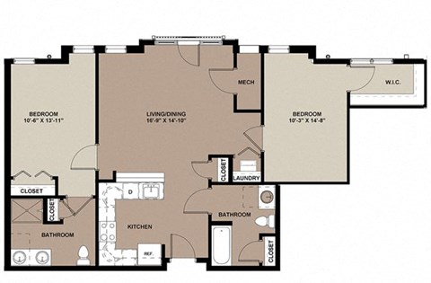 Floor plan for 2 beds, 2 baths, 1034 sqft