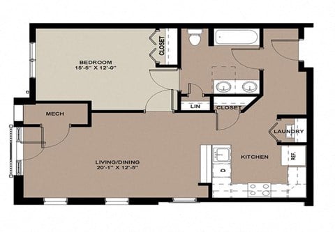 Floor plan for 1 bed, 1 bath, 743 sqft