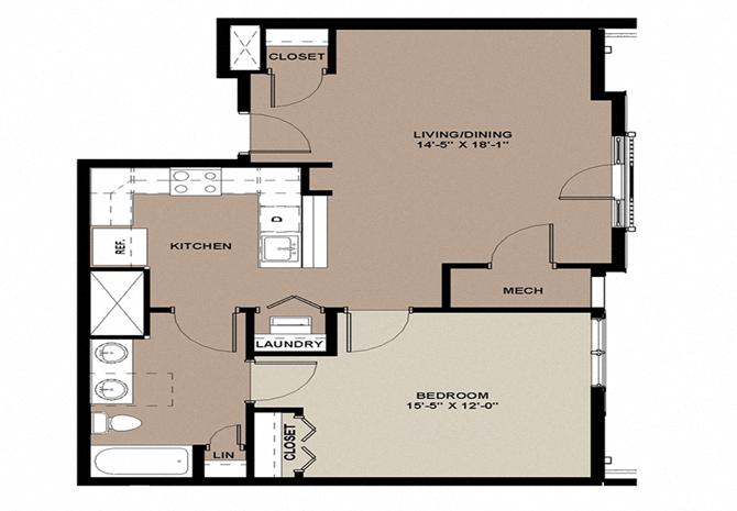 Floor plan for 1 bed, 1 bath, 756 sqft