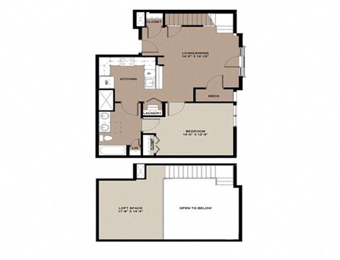 Floor plan for 1 bed, 1 bath, 934 sqft