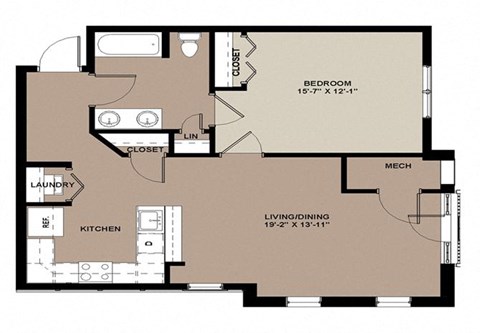 Floor plan for 1 bed, 1 bath, 749 sqft