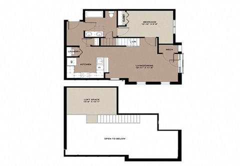 Floor plan for 1 bed, 1 bath, 892 sqft