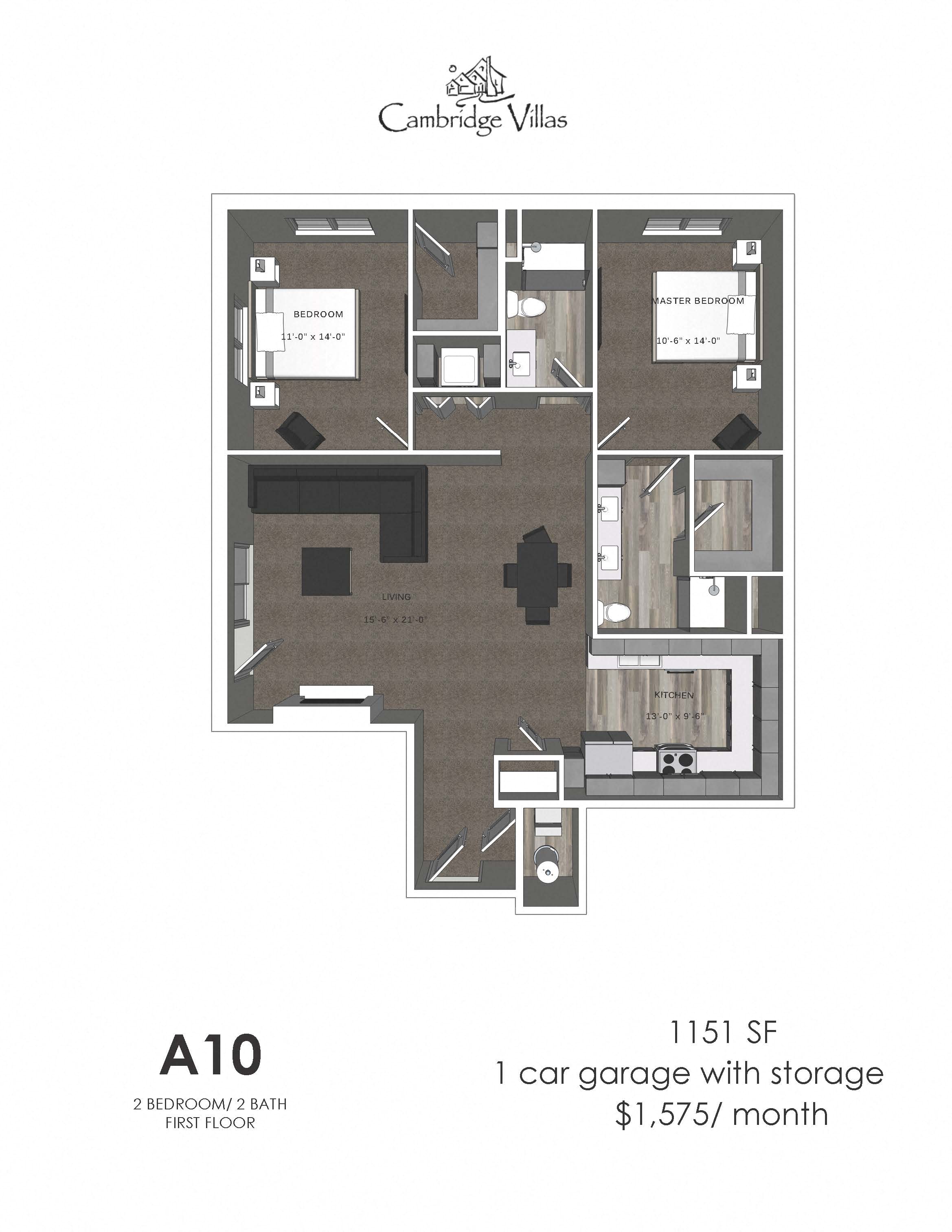 Floor plan for 2 beds, 2 baths, 1151 sqft