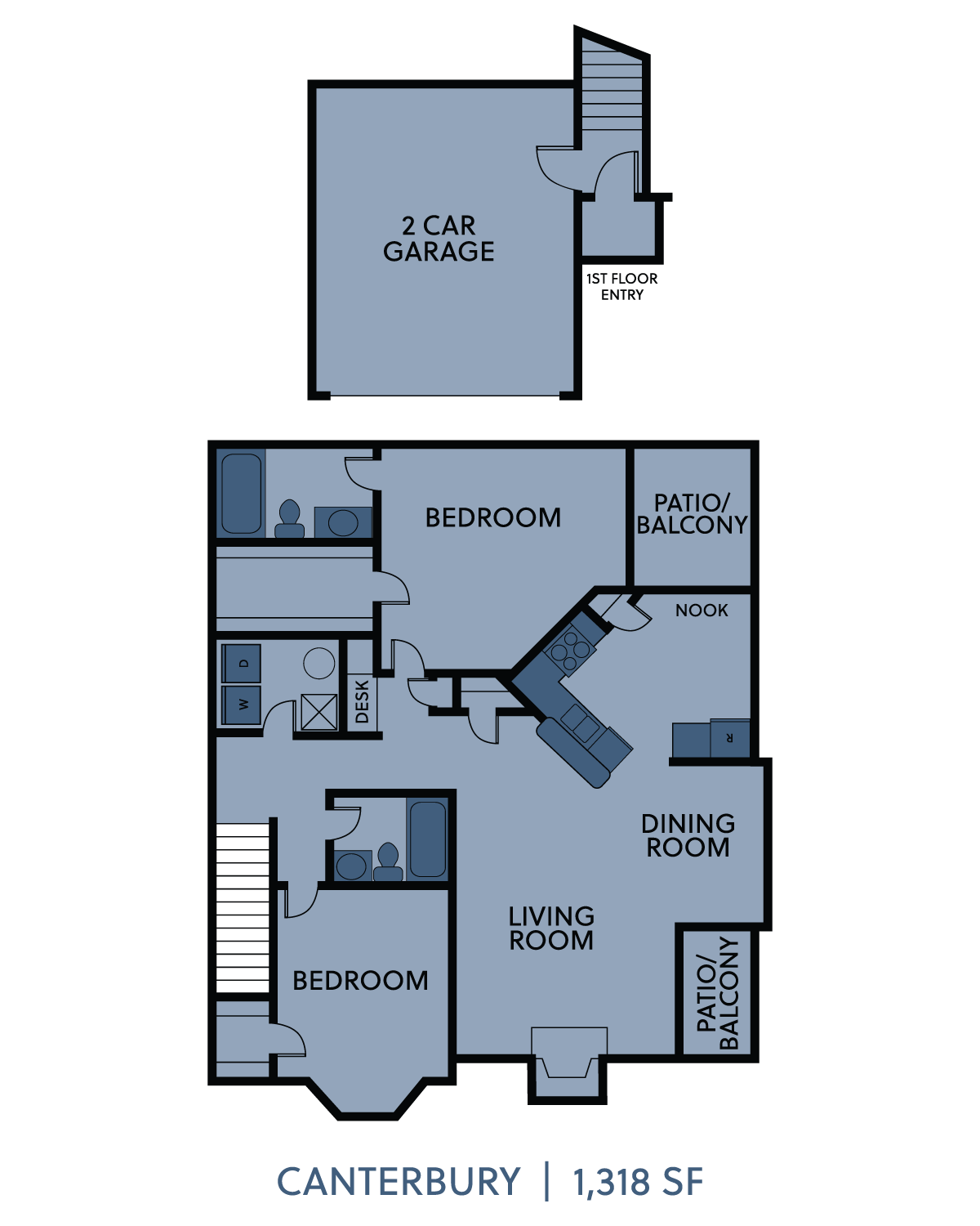 Floor plan for 2 beds, 2 baths, 1318 sqft