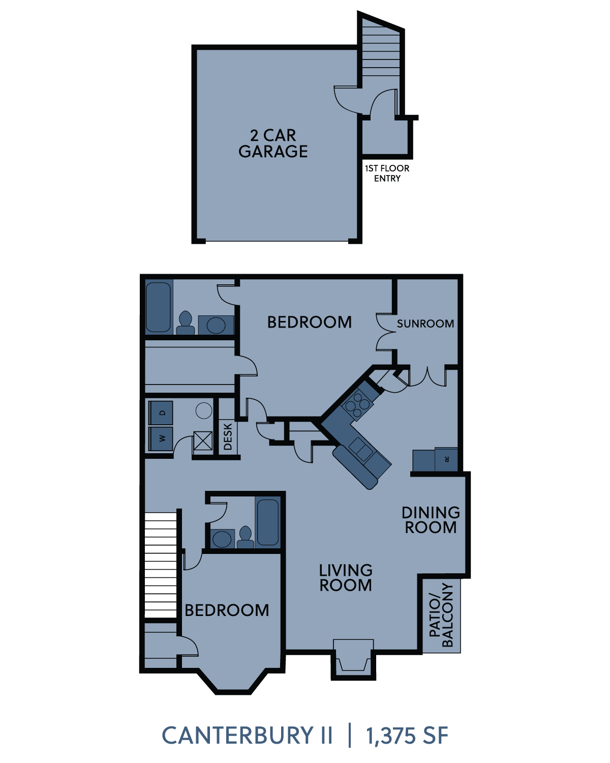 Floor plan for 2 beds, 2 baths, 1318 sqft