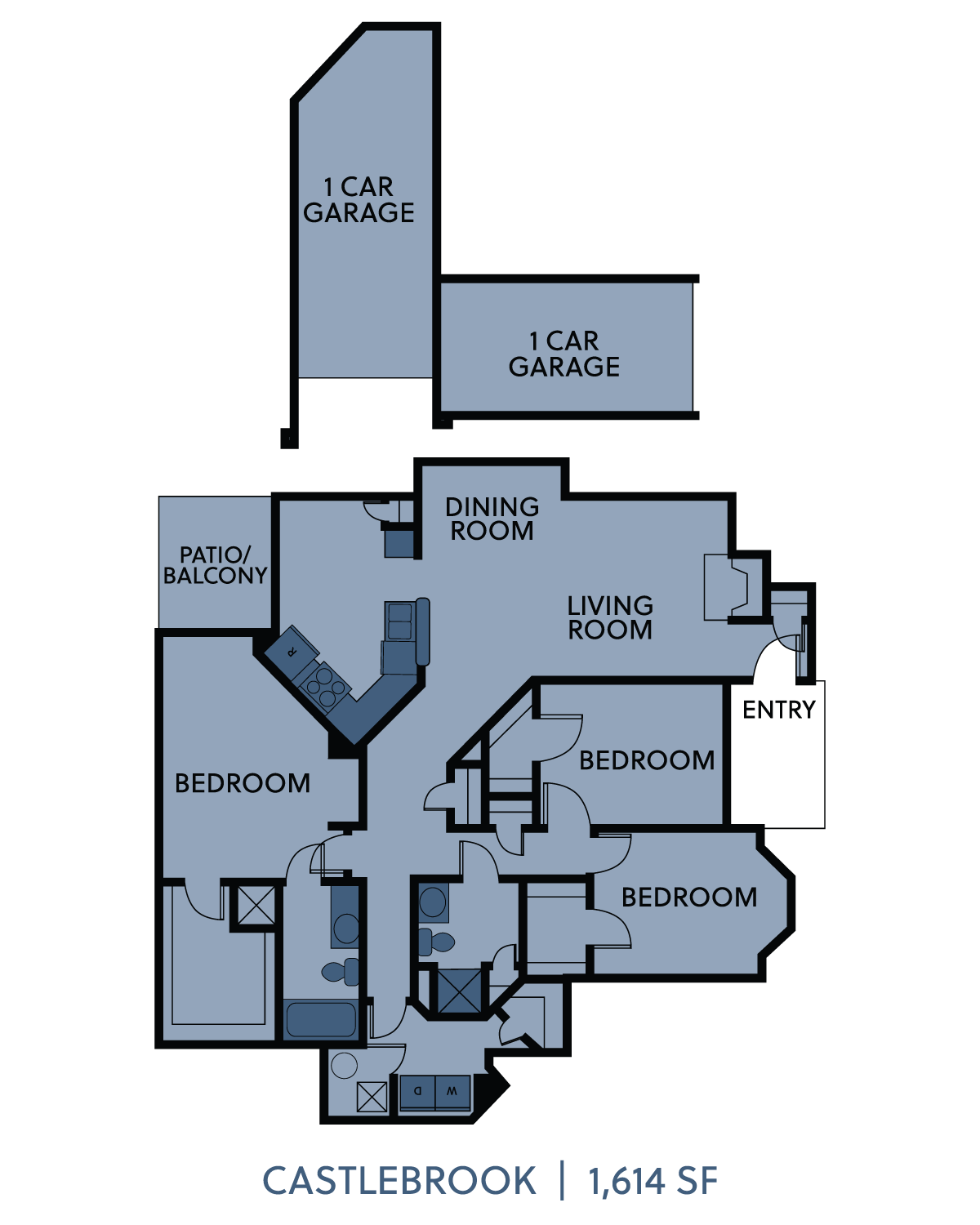 Floor plan for 3 beds, 2 baths, 1614 sqft