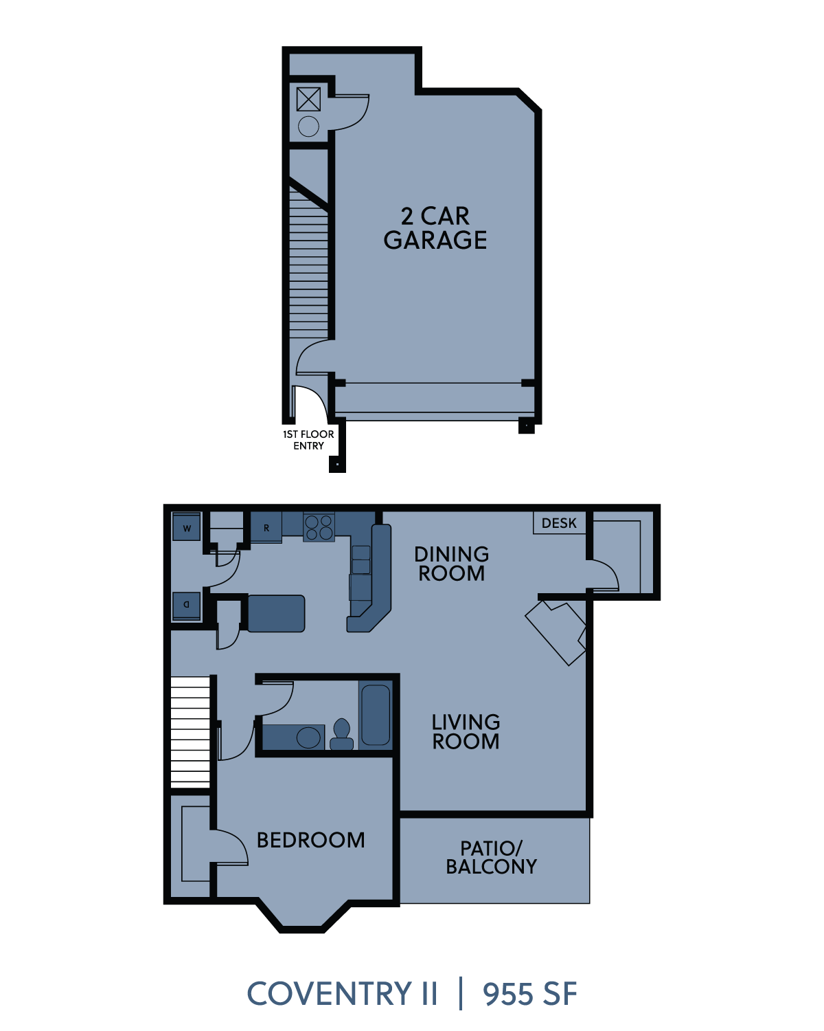 Floor plan for 1 bed, 1 bath, 955 sqft