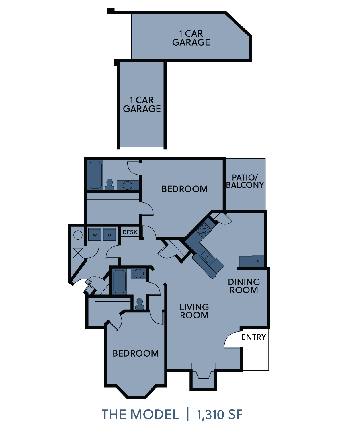 Floor plan for 2 beds, 2 baths, 1310 sqft
