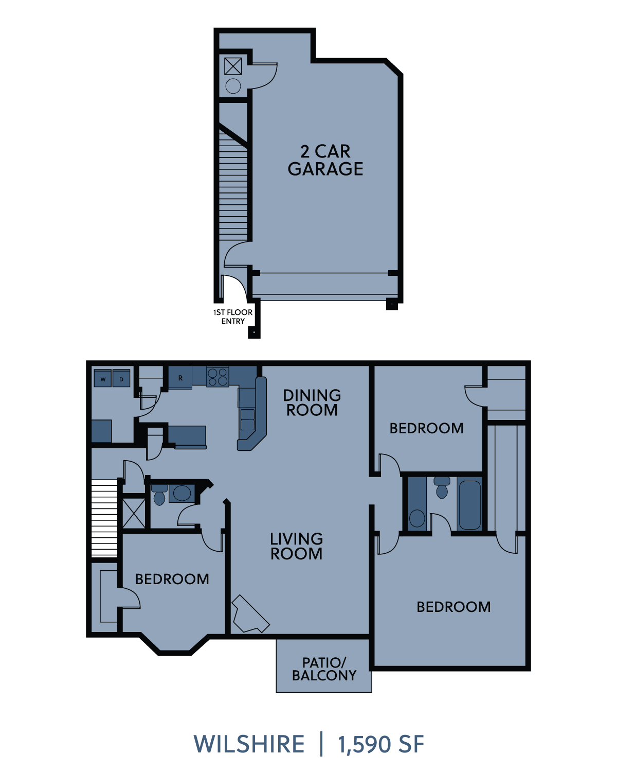 Floor plan for 3 beds, 2 baths, 1590 sqft