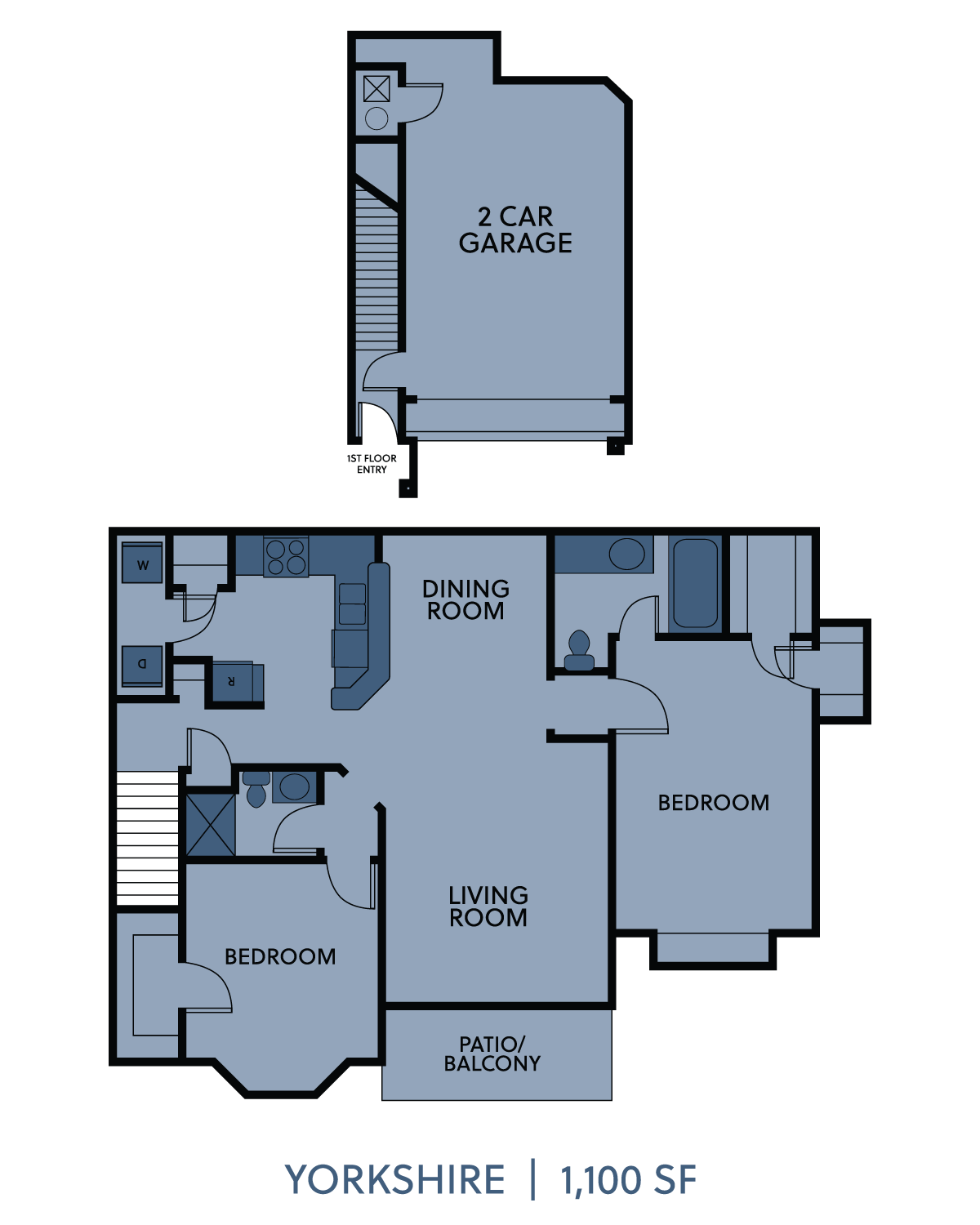 Floor plan for 2 beds, 2 baths, 1100 sqft