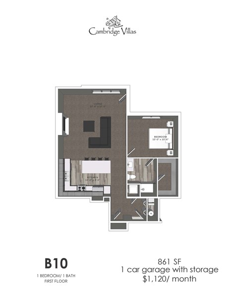 Floor plan for 1 bed, 1 bath, 861 sqft