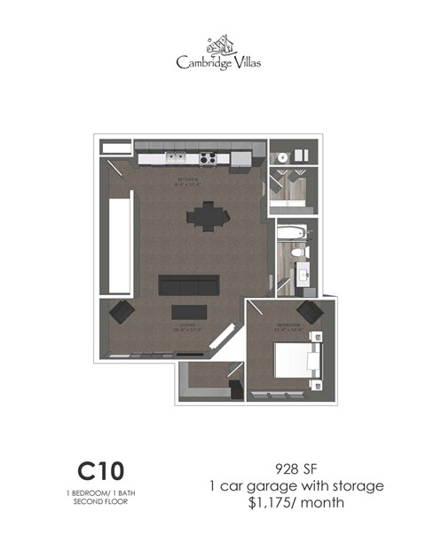 Floor plan for 1 bed, 1 bath, 928 sqft