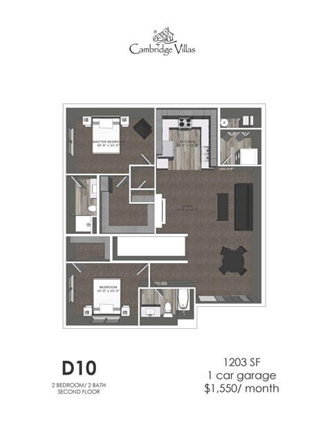 Floor plan for 2 beds, 2 baths, 1203 sqft