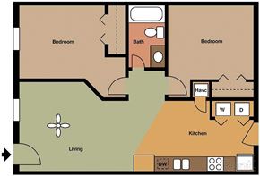 Rocky Mount apartment for rent - A floor plan of a house with two bedrooms, a living room, a kitchen, and a bathroom.