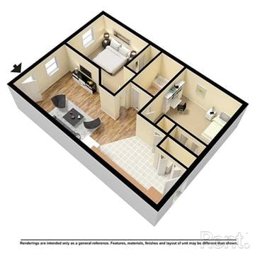 Rocky Mount apartment for rent - A 3D floor plan of a house with a kitchen, living room, and two bedrooms.