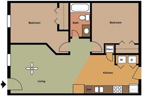 Rocky Mount apartment for rent - A floor plan of a house with two bedrooms, a bathroom, a kitchen, and a living room.