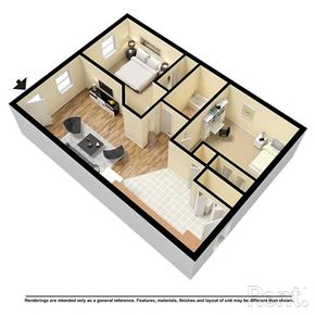 Rocky Mount apartment for rent - A 3D floor plan of a house with a kitchen, living room, dining room, and two bedrooms.