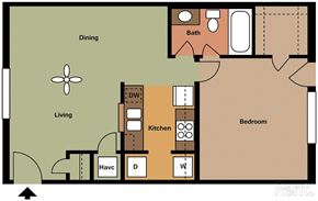 Rocky Mount apartment for rent - A floor plan of a rental property showing a kitchen, living room, dining area, bathroom, and bedroom.