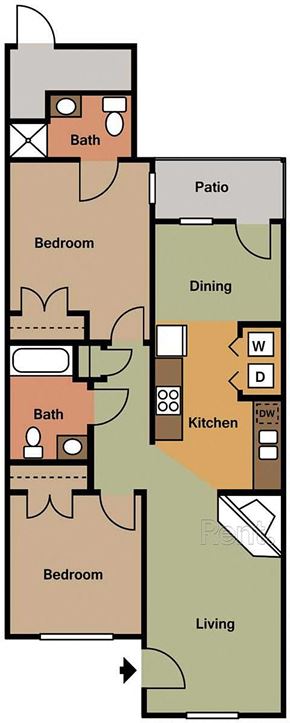 Rocky Mount apartment for rent - A floor plan of a house with a living room, dining room, kitchen, and two bedrooms.