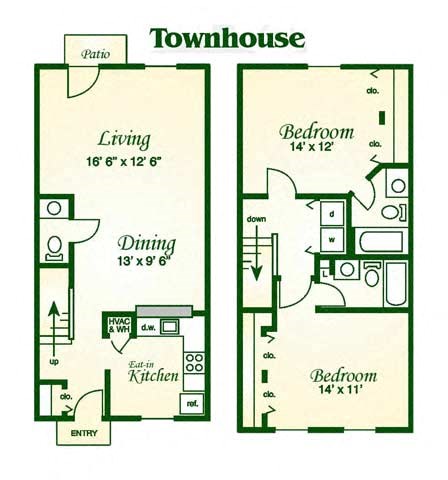 Floor plan for 2 beds, 2.5 baths, 1181 sqft