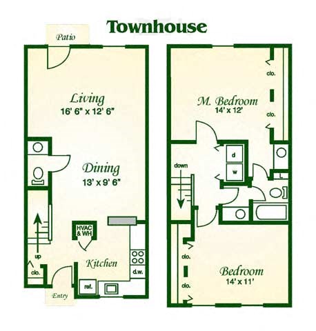 Floor plan for 2 beds, 1.5 baths, 1154 sqft