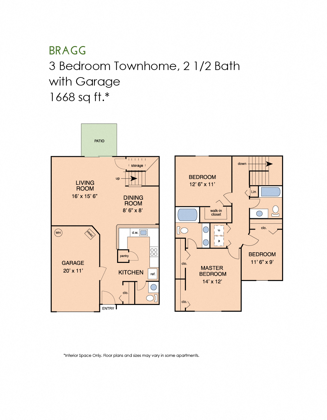 Floor plan for 3 beds, 2.5 baths, 1668 sqft