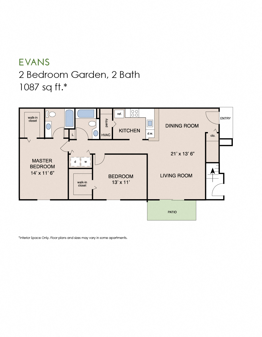 Floor plan for 2 beds, 2 baths, 1109 sqft