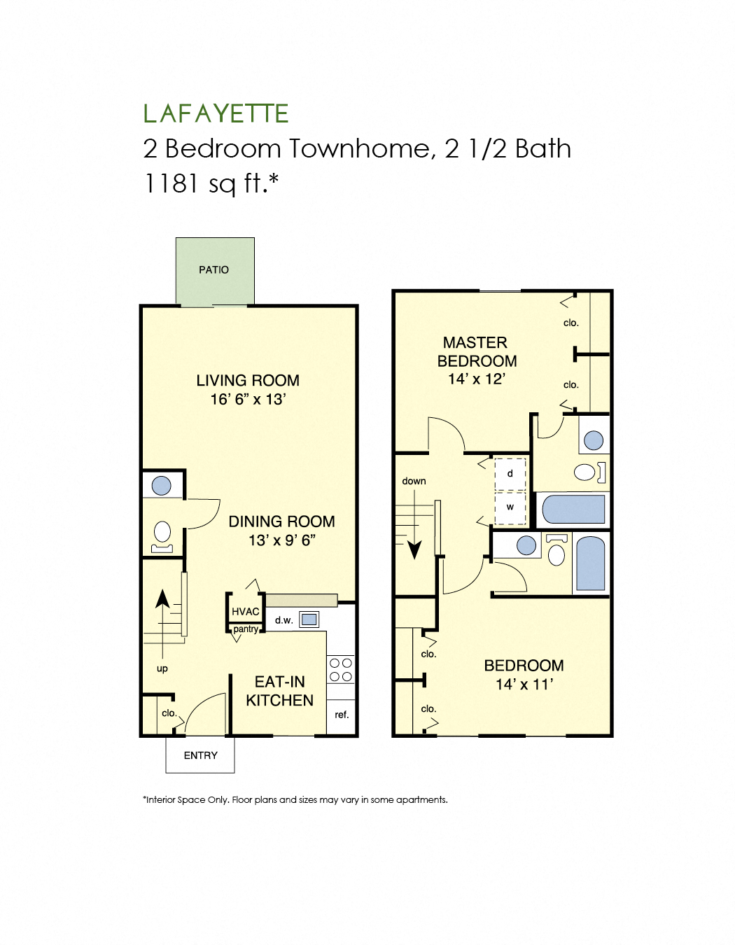 Floor plan for 2 beds, 2.5 baths, 1182 sqft