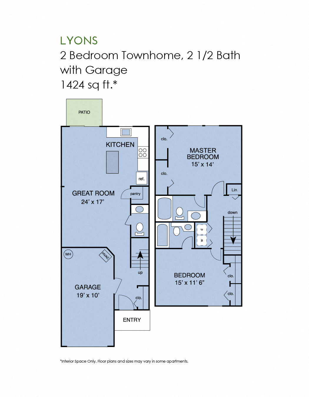 Floor plan for 2 beds, 2.5 baths, 1432 sqft