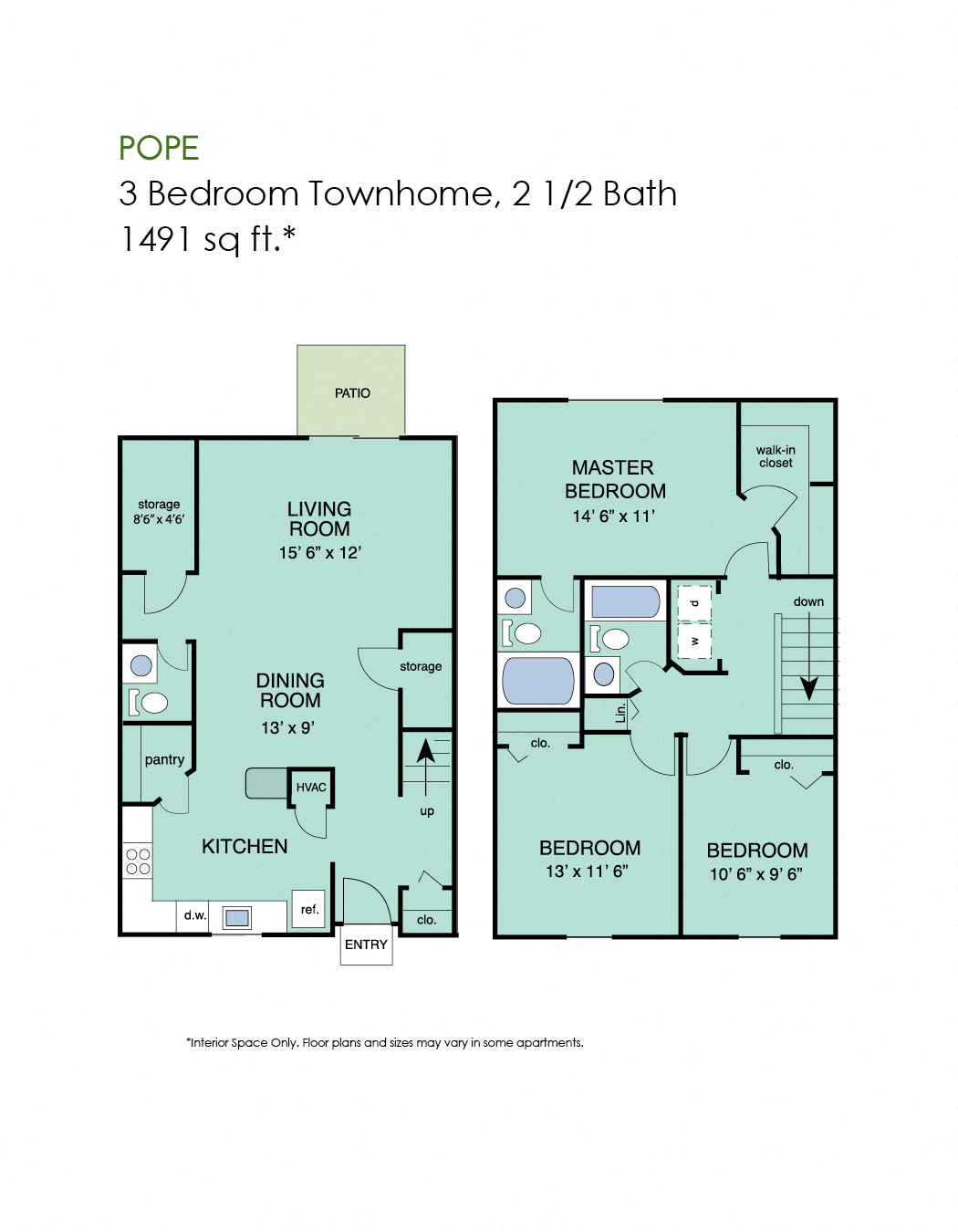 Floor plan for 3 beds, 2.5 baths, 1491 sqft