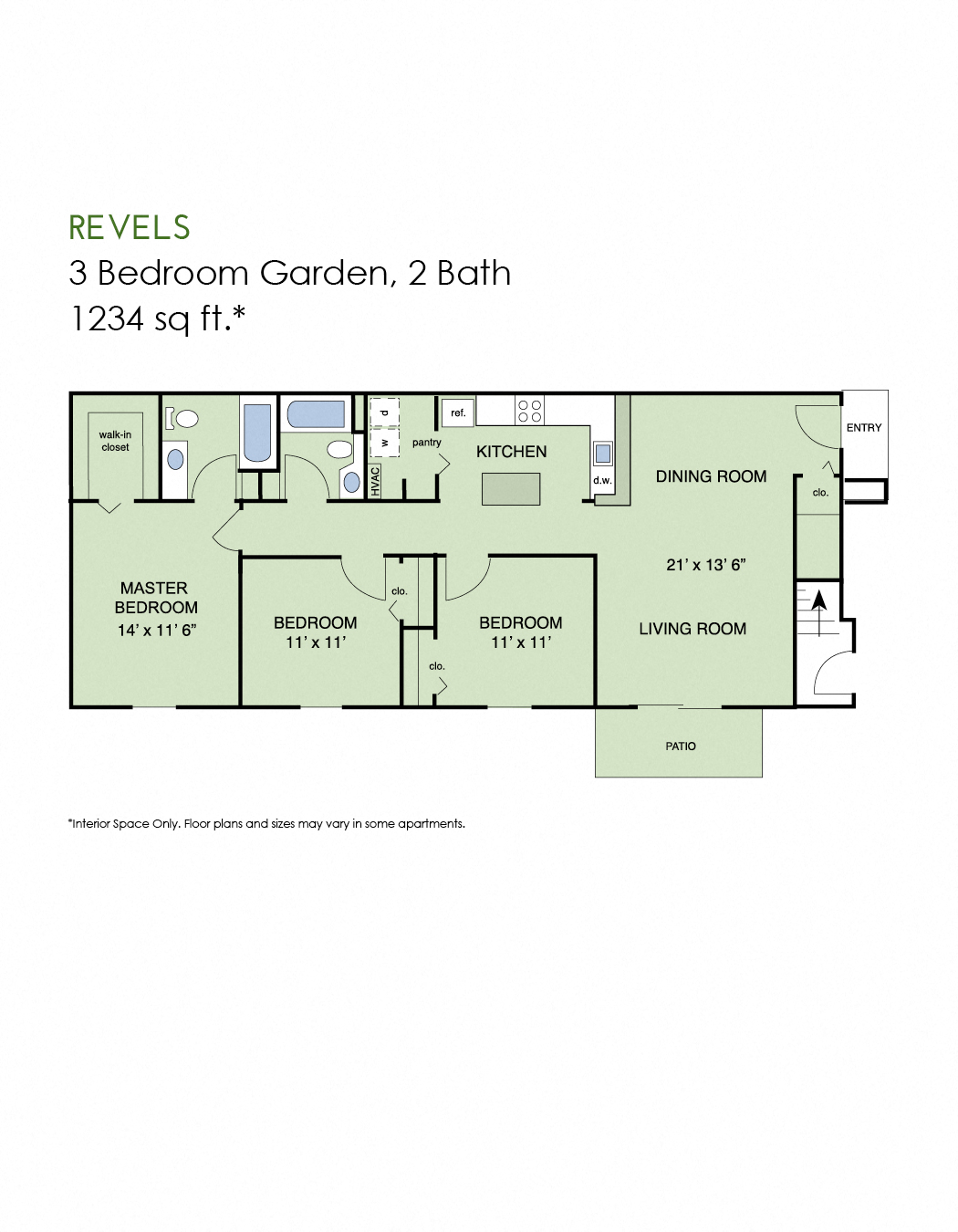 Floor plan for 3 beds, 2 baths, 1239 sqft