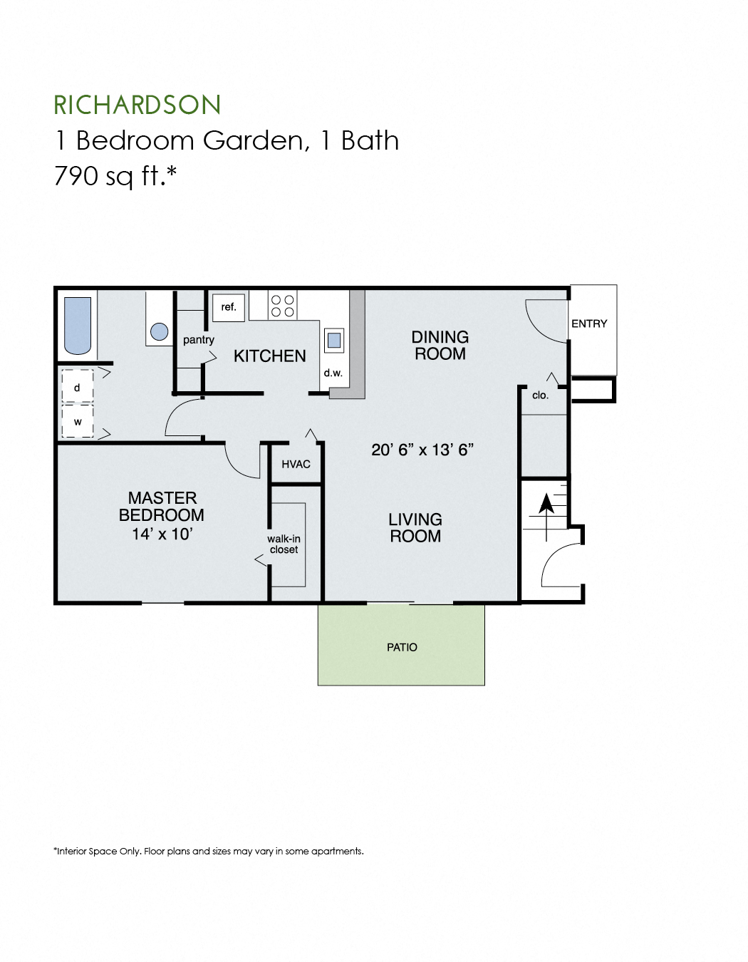 Floor plan for 1 bed, 1 bath, 799 sqft