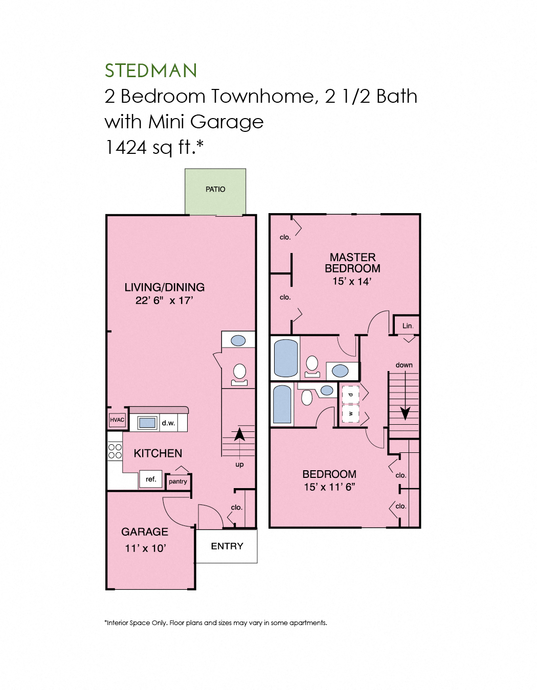 Floor plan for 2 beds, 2.5 baths, 1432 sqft