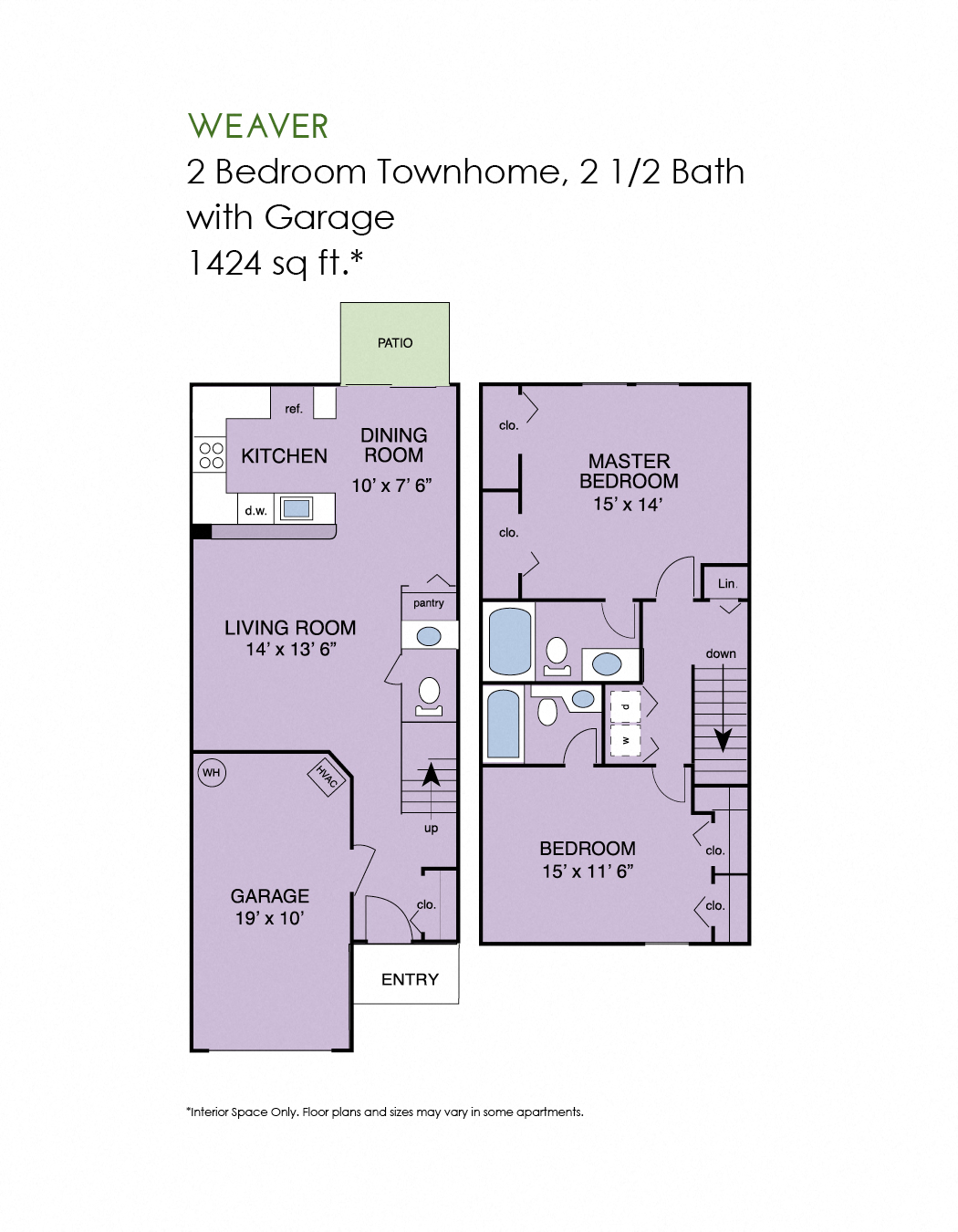 Floor plan for 2 beds, 2.5 baths, 1432 sqft