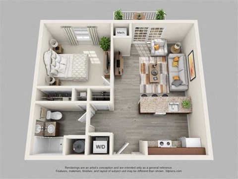 Floor plan for 1 bed, 1 bath, 713 sqft