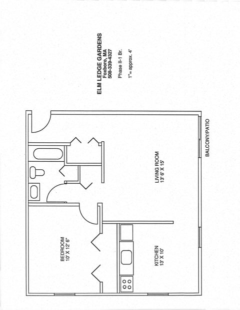Floor plan for 1 bed, 1 bath, 612 sqft