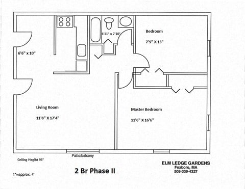 Floor plan for 2 beds, 1 bath, 860 sqft