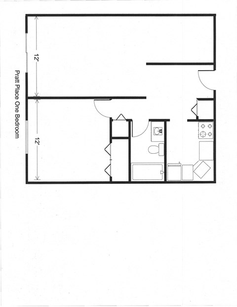 Floor plan for 1 bed, 1 bath, 700 sqft